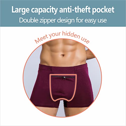 2 Packs Men's Boxer Briefs Secret Hidden Pocket, Pickpocket Proof Travel Secret Pocket Underwear, Pocket Panties. (Burgundy)3