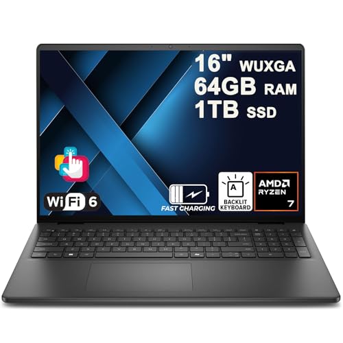 Image of Dell 16 Laptop 16 inch WUXGA Touchscreen AMD 8-core Ryzen 7 250 (>i7-1355U) 64GB DDR5 1TB SSD Backlit ExpressCharge Wi-Fi6 for Creator Designer Business Professional Work Win11