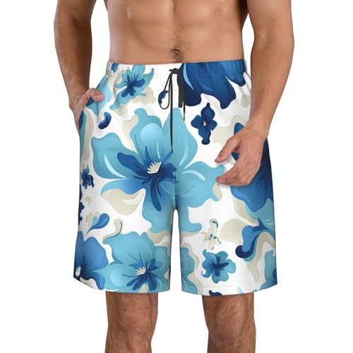 Men's Swim Trunks Blue and White Flowers Quick Dry Board Shorts Mens Bathing Suit Beach Swimwear with Pockets