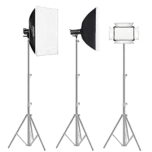 Image of Stainless Steel Photography Video Tripod Stand, Spring Cushioned Heavy Duty Tripod Stand, 9.5ft /2.8m, Universal Adapter for Photography Studio Monolight Reflector Portrait