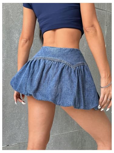 Milumia Women's Denim Bowknot Decor Mini Skirts Ruched Hem Bubble Skirts2