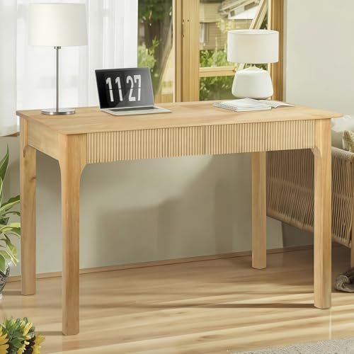 39.4'' Solid Wood Desk with 2 Drawers, Small Mid Century Modern Home Writing Office Wooden Desk ,Vintage Computer Table with Storage for Living Room, Bedroom, Fluted Design (Natural, 39.4 Inch)