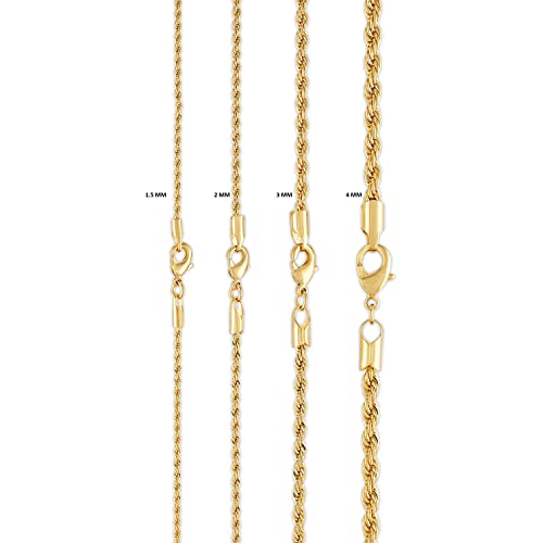 Barzel 18K Gold Plated Rope Chain Necklace - Made In Brazil (2 Milimeter, 22 Inches) #TOP7