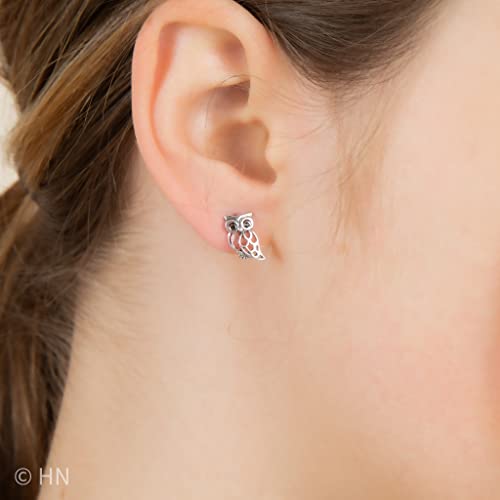 Heather Needham Sterling Silver Owl Earrings with black Cubic Zirconia eyes - SIZE: 10mm. Gift Boxed. 5239/HNbox