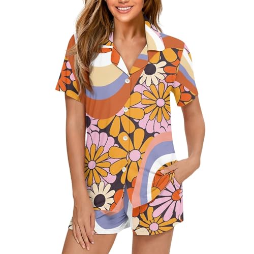 Image of Pjs Womens Short Sleeve Button Down Pajamas Set Two-Piece Nightwear with Pockets