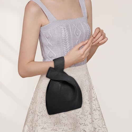 Image of Small Crochet Knit Tote Wrist Bag, Portable Knot Sleeve Handle Bag Cute Wristlet Pouch Purse for Women