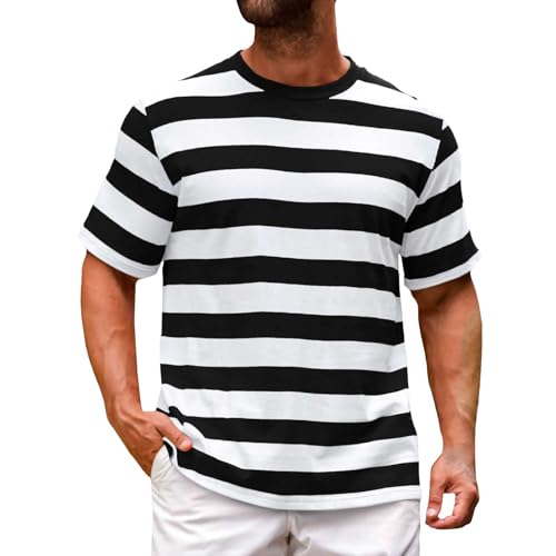 Camiseta genérica de manga corta para hombre, con rayas, cuello redondo, camiseta ancha a rayas, de algodón, de manga corta, cómoda, transpirable, sudoración, ropa de verano casual, 01#negro, M