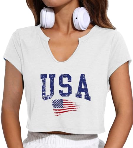 Womens Sexy 4th of July Crop Tops Workout Cute Fourth of July Shirts Cropped Tank Tops Summer Clothes Teen Girls(White 12-XS)