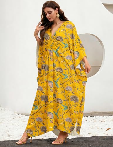 Image of MAKABO Kaftan Dresses for Women, V Neck Moo Moos Colorful Print Cover Ups Caftan Beach Dresses for Swimwear