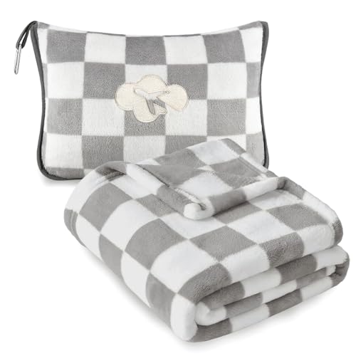 Image of Travel Blanket and Pillow Compact, Premium Soft 2 in 1 Airplane Blanket with Soft Bag Pillowcase,Hand Luggage Sleeve and Backpack Clip (Grey Checkered)