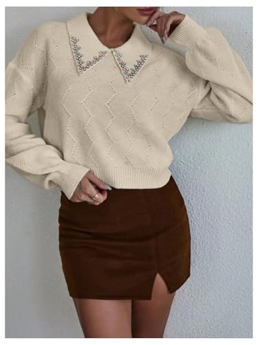 Image of Verdusa Women's Old Money Cable Knit Rhinestone Decor Knit Top Crew Neck Lapel Collar Lantern Sleeve Drop Shoulder Pullover Cropped Sweaters