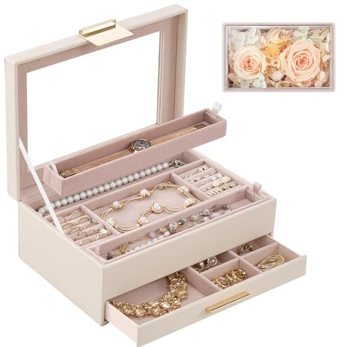 Lolalet Jewelry Organizer with Glass Lid, 2-Layer Jewelry Box Case with Drawer, Gift for Women Mom Wife Earrings Watch Ring Display Storage -Beige