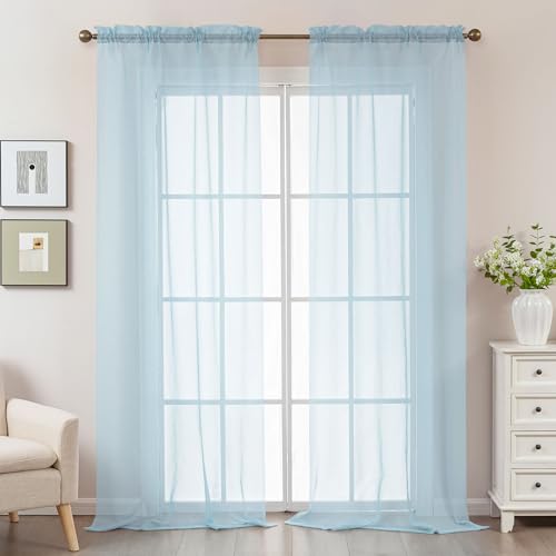 Image of Blue Sheer Curtains 96 Inches Long, Privacy Semi Sheer Curtains for Living Room Bedroom, Light Filtering Rod Pocket Voile Window Drapes 2 Panels Set, Each 42 inch W x 96 inch L