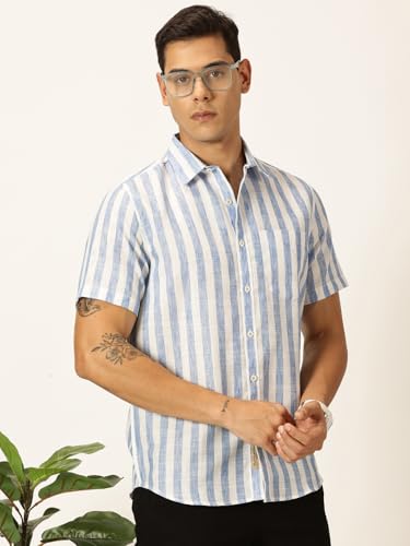 Image of Thomas Scott Men's | Stripes | Half Sleeve | Slim Fit | Linen Blend | Spread Collar | Casual Shirt