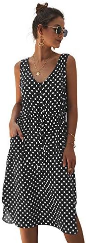 Eleter Women's Polka Dot V Neck Sleeveless Side Split Button Drawstring Belt Summer Beach Dress with Pockets