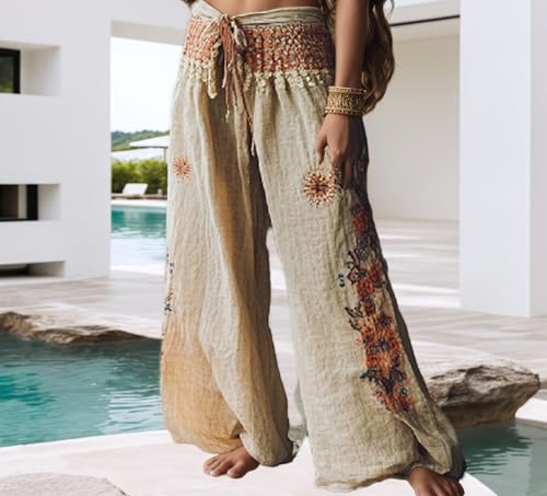 Women's Floral Pleated Wide Leg Palazzo Pants Causal High Waisted Beach Vacation Pants Summer Loose Trousers2