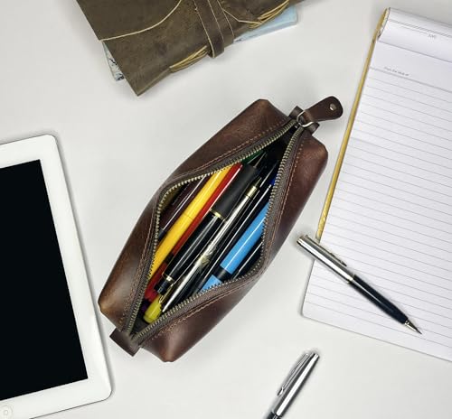 Image of RUSTIC TOWN Leather Pencil Case - Handcrafted Full-Grain Zipper Leather Pen Pencil Holder - Elegant & Practical Pencil Pouch for Work & Office