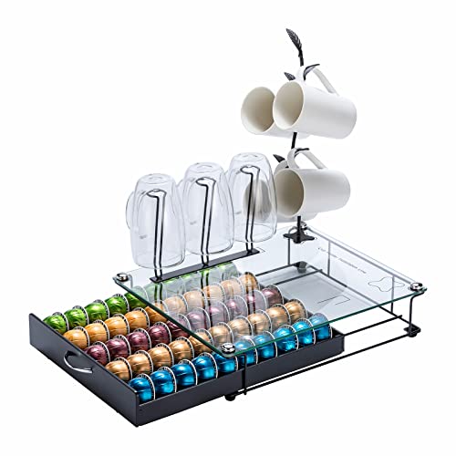 Zcdcp Nespresso Pod Holder, Glass Top Vertuo Pod Holder With Mug Tree Cup Holder, Black Coffee Pod Holder Drawer Storage, 50 Pods #TOP4
