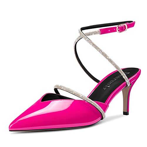 DearOnly Women Stiletto Mid Heel Pointed Toe Sandals Slingback Ankle Strap Diamond Crystal Wedding Dress 2.6 Inches Heels