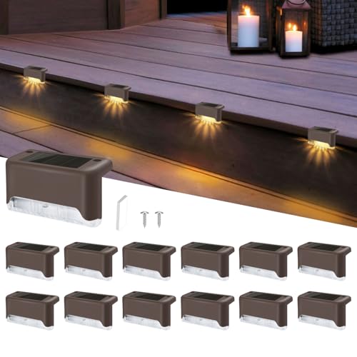 Liuyife 12 Pack Solar Deck Lights Outdoor Waterproof LED Stair Lights for Steps Fences Yard Patio Garden Pool Driveway (Warm White)