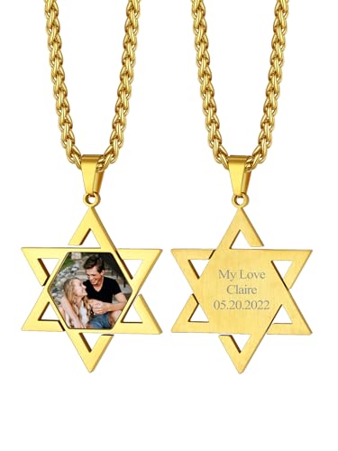 Richsteel Personalized Star of David Necklace for Men Custom David Star Necklace for Women Engraved Photo Pendant Fashion Jewelry