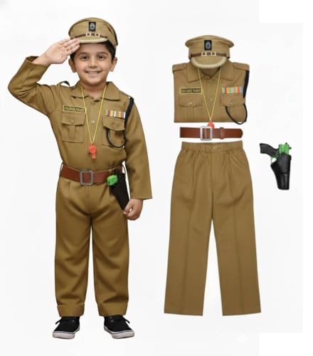 Image of Kids Police Costume Dress for Boys - Khaki Uniform with Cap, Belt, Whistle & Accessories | Fancy Dress for School Functions, Annual Day & Role Play (1 Set)