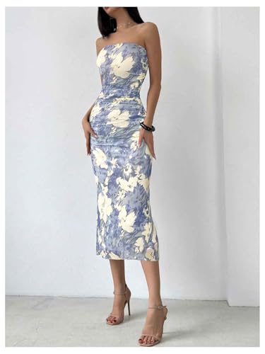 Image of GORGLITTER Women's Sunset Ombre Strapless Cocktail Bridal Shower Midi Dress | Orange Wedding Guest Dress, Mesh Tube Dress, Bridesmaid Dresses, Vacation Beach Sundresses,