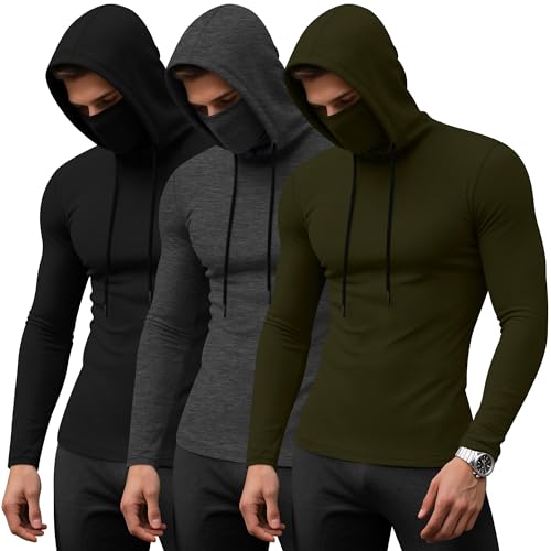 Image of August Alley 3 Pack Men's Sports Hoodies with Mask Compression Long Sleeve Thermal Shirts Base Layer Tees Running Pullover