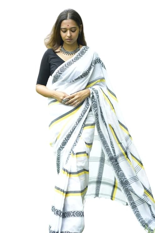 Image of RAJESHWAR FASHION WITH RF Women's Lime Green Floral Print Linen Cotton Saree with Contrast Pallu, Tassel Border, Traditional Summer Festive with Blouse Piece