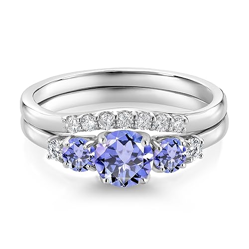 Gem Stone King 10K White Gold Blue Tanzanite and White Lab Grown Diamond 5 Stone Bridal Engagement Wedding Ring Set For Women (0.87 Cttw, Round: 5MM and 3MM, Available in Size 5,6,7,8,9)3