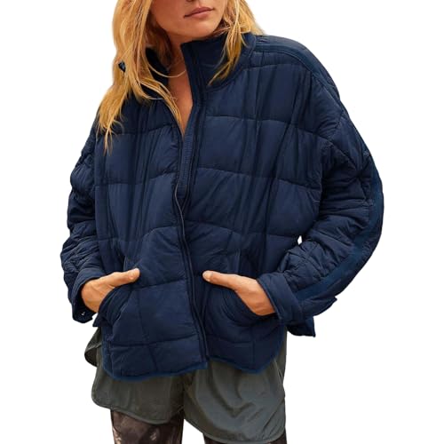 Quilted Jackets for Women Long Sleeve Stand Collar Button Down Jacket Tops Lightweight Loose Fit Coats with Pockets