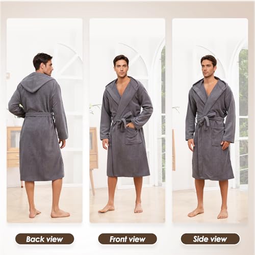Mens Hooded Absorbent Terry Cloth Robe All Season Knee Length Design Kimono Spa Bathrobe2