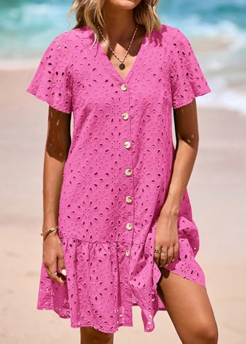 Image of KIRUNDO Eyelet Dresses for Women Button Down Mini Babydoll