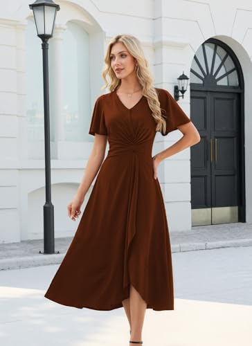 Image of QMZ Wedding Guest Dresses for Women V Neck Cocktail Dress Ruffle Sleeve A Line Evening Party Formal Dresses for Women