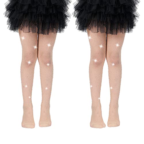MANZI Mädchen Netzstrumpfhosen mit Funkelnder Strass Kinder Netzstrümpfe 2 Paar,Naturfarben Cover