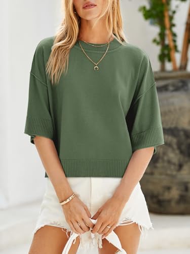 Image of Saodimallsu Womens Short Sleeve Sweater Summer Oversized Cropped Sweaters Casual Crewneck Lightweight Knit Tops