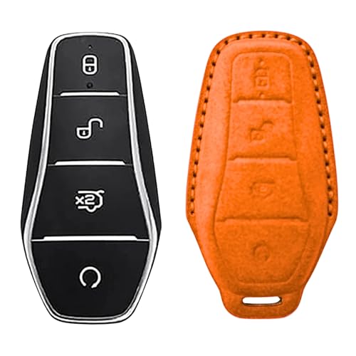 Image of KMH Alcantara Key Cover Compatible with BYD Atto 3 Models Smart Keycover with Keychain 4 Buttons Shell Case Holder Full Key Protector Dolphin Style Smart Keycover, Orange - Pack of 1
