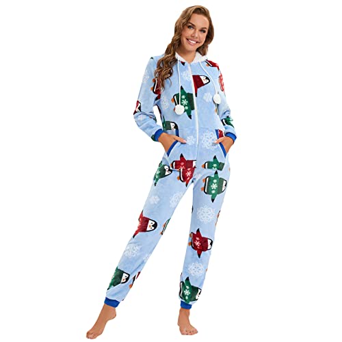 QIYUANT Pyjama Combinaison Femme Chaud Flanelle Polaire Doux Grenouillères a Capuche Zippé Confortable Onesie Hiver Automne Noël Vêtements de Nuit Adulte Une Piece ( Pingouin Bleu Clair ,M ) Cover