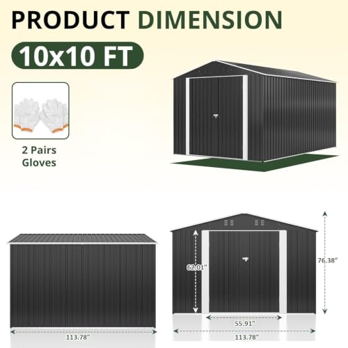 Image of AirWire 10x10 FT Outdoor Storage Shed | Garden Shed with Updated Frame Structure and Lockable Doors, Metal Tool Sheds for Backyard Garden Patio Lawn, Grey