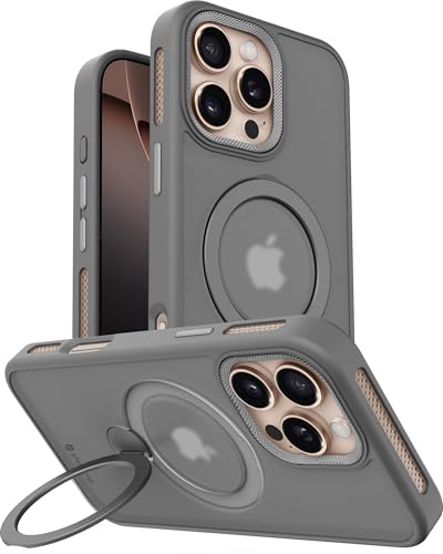 Image of eller sante Maximus Back Cover Case for iPhone 16 Pro Max with Magnetic Alloy Ring Metal Kickstand Camera Protector TPU Shockproof 10ft Drop Protection Compatible with Mag-Safe- Grey