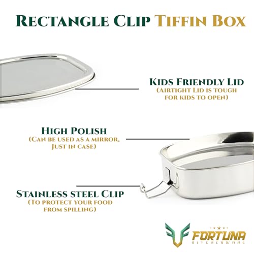 Image of Stainless Steel Lunch Box Rectangle - 450ml | Compartment Traditional Tiffin Box with Seperator Plate | Easy to Carry, Locking Clip | Ideal for School, Office, Men, Women (Small)