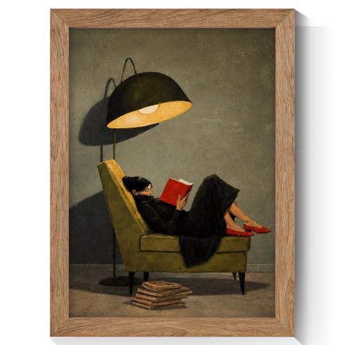 Woman Reading Red Book On Green Armchair Floor Lamp Canvas Wall Art, Vintage Moody Reader Oil Painting Print, Cozy Library Bedroom Decor 12x16in Gold Wooden Framed