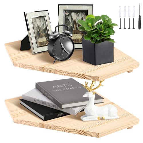 AKOLAFE Juego de 2 estantes de esquina colgantes de 28 cm de ancho, estantes de pared de madera con agujero de alambre, color marrón, resistentes para cargas pesadas, estanterías flotantes