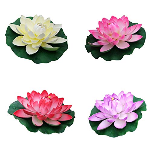 Flikool 28cm Flores de Loto Artificiales con Hoja Falso Flotante Lirio de Agua EVA Espuma Nenúfar Plantas Artificiales para Jardín Acuarios Tanque de Peces Estanque Decoración 4pcs - Mix Cover