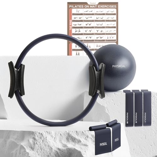 PhysKcal Pilates Ring Set, Magic Ring with 1x Core Ball, 3X Resistant Loop and 2X Flex Band, Pilates on Mat Essential Kit (Navy)