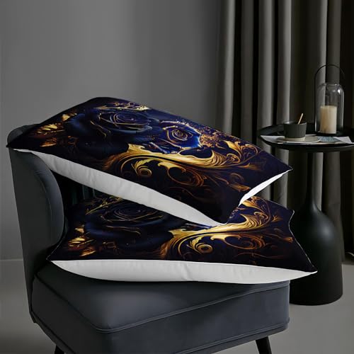 Image of AILONEN Blue Rose Comforter Set - Full Size, Gold Rose Leaves Printed Bedding Set, 3 Pieces Bed in a Bag Flower Printed Comforter Set, 1 Quilt with 2 Pillowcases
