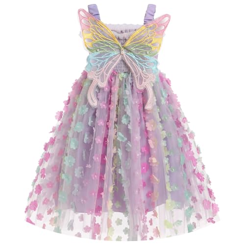 IBTOM CASTLE Toddler Girls Butterfly Dress with Wing Spaghetti Straps Smocked Gradient Tulle Tutu Princess Birthday Sundress