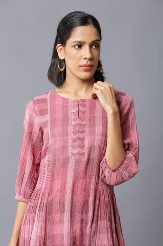 Image of W for Woman Women's Cotton Dark Pink Ikkat Smoking Dress in Round Neck Below The Knee