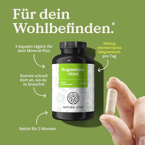 NATURE LOVE® Magnesiumcitrat – 2.320 mg Magnesiumcitrat (davon 360 mg elementares Magnesium) – 180 Kapseln – hochdosiert, laborgeprüft, ohne Zusätze, vegan & entwickelt in Deutschland