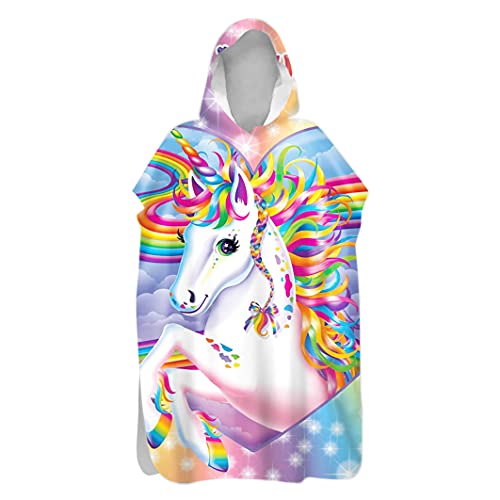 PEIHUODAN Strandtücher Poncho Mikrofaser Kaputze Strand Bademantel Einhorn Regenbogen Pferd Badetuch Handtuch Duschtücher Für Kinder Mädchen Jugend Damen Surfen Schwimmen (M 70X85 cm 6-11 Jahre,bunt) Cover